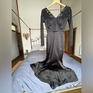 Elegant Black beaded and lace mermaid Whimsigoth maxi evening gown